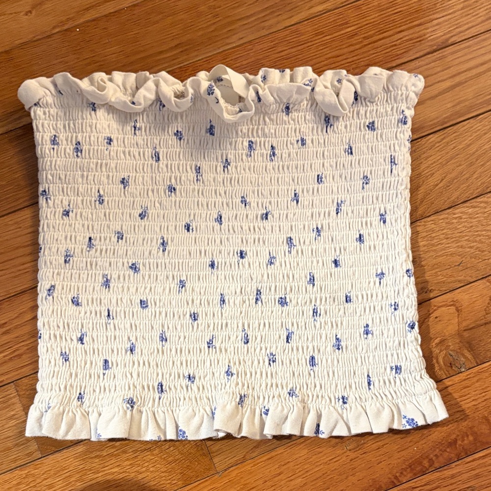 H&M White Smocked Tube Top with Blue Floral Dots